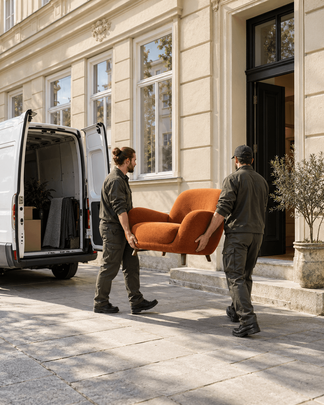 Illustration: Zwei Transporthelfer tragen einen Sessel zum Hauseingang